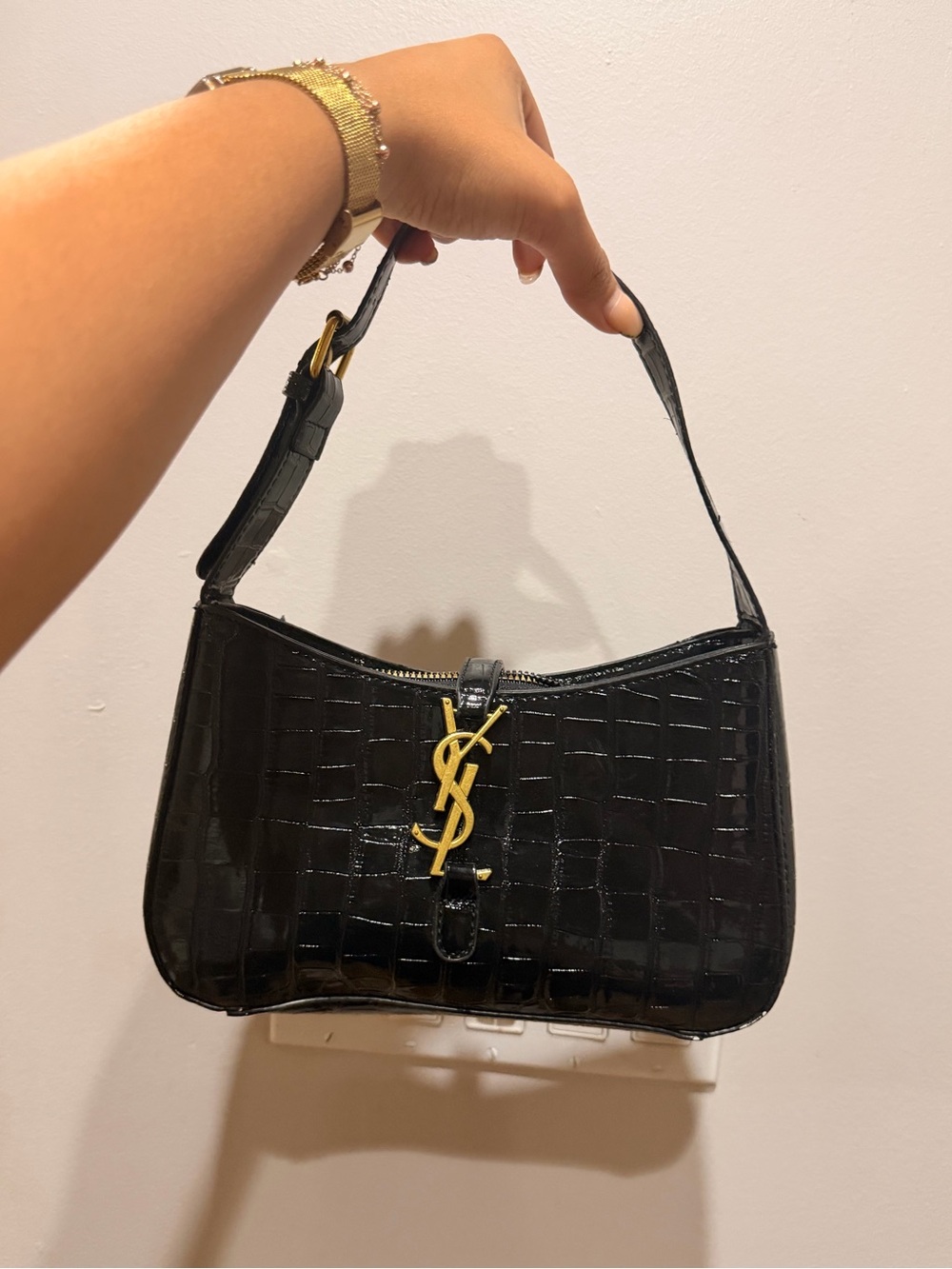 Yves Saint Laurent Black Croc-Embossed Shoulder Bag with Gold YSL Charm